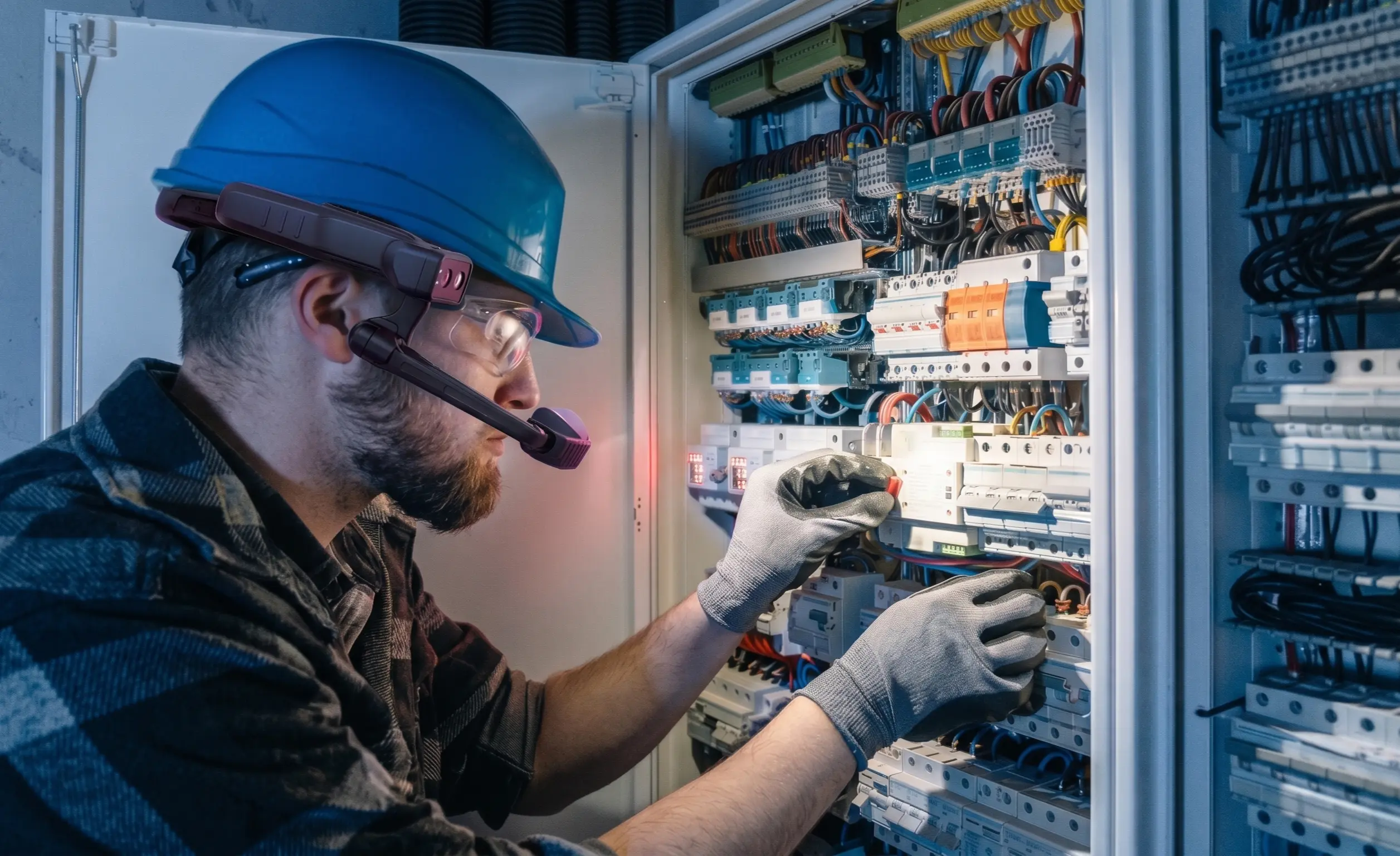 The engineer is wearing RealWear smart glasses to repair the electrical control panel